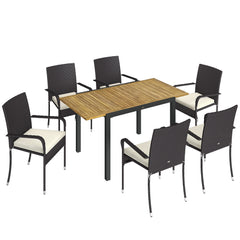 Outsunny 7 Piece Rattan Garden Furniture Set, 6 Seater Garden Table and 6 Stackable Chairs with Extendable Acacia Wood Tabletop