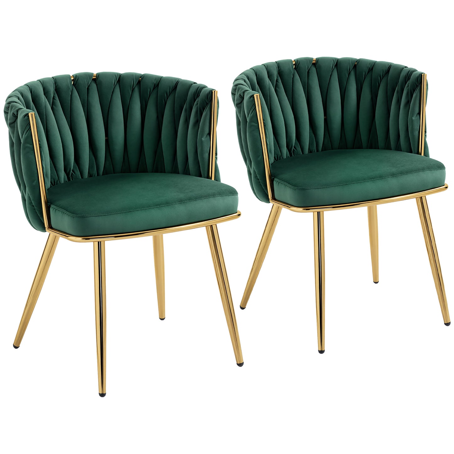 HOMCOM Velvet-Feel Dining Chairs Set of 2, Modern Upholstered Kitchen Chairs with Woven Backrest and Armrests, Metal Legs and Padded Seat for Dining Room, Bedroom, Living Room, Dark Green
