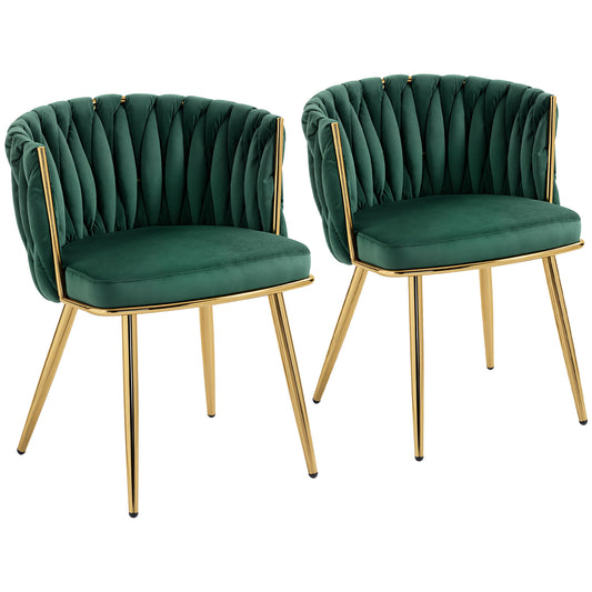 HOMCOM Velvet-Feel Dining Chairs Set of 2, Modern Upholstered Kitchen Chairs with Woven Backrest and Armrests, Metal Legs and Padded Seat for Dining Room, Bedroom, Living Room, Dark Green