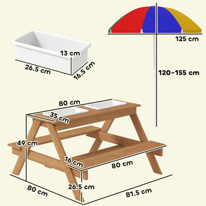 AIYAPLAY Kids Picnic Table, Sand and Water Table with Wooden Benches, Adjustable Parasol and Storage Bins, Multicolour