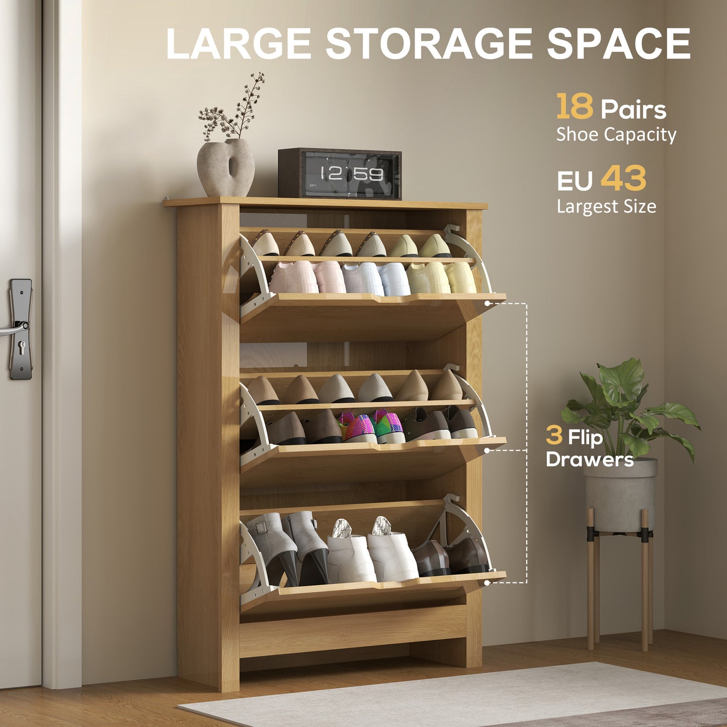 HOMCOM Slim Shoe Cabinet, Narrow Shoe Cupboard with 3 Drawers, Adjustable Shelves for 18 Pairs of Shoes, Natural Wood Finish