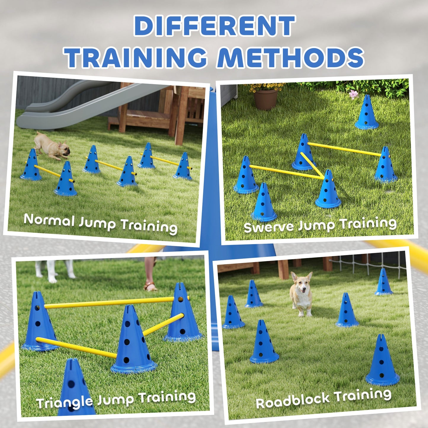 PawHut Dog Agility Equipment Set of Six Cones, Six Poles with Carry Bag, Three-Piece Adjustable Height Jumping Obstacles, Blue