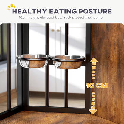 PawHut Corner Dog Crate Furniture with Two Bowls, Lockable Doors, for Small, Medium Dogs, Rustic Brown