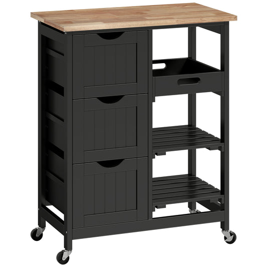 HOMCOM Rolling Kitchen Island Cart, Bar Serving Cart, Compact Trolley on Wheels with Wood Top, Shelves & Drawers for Home Dining Area, Black