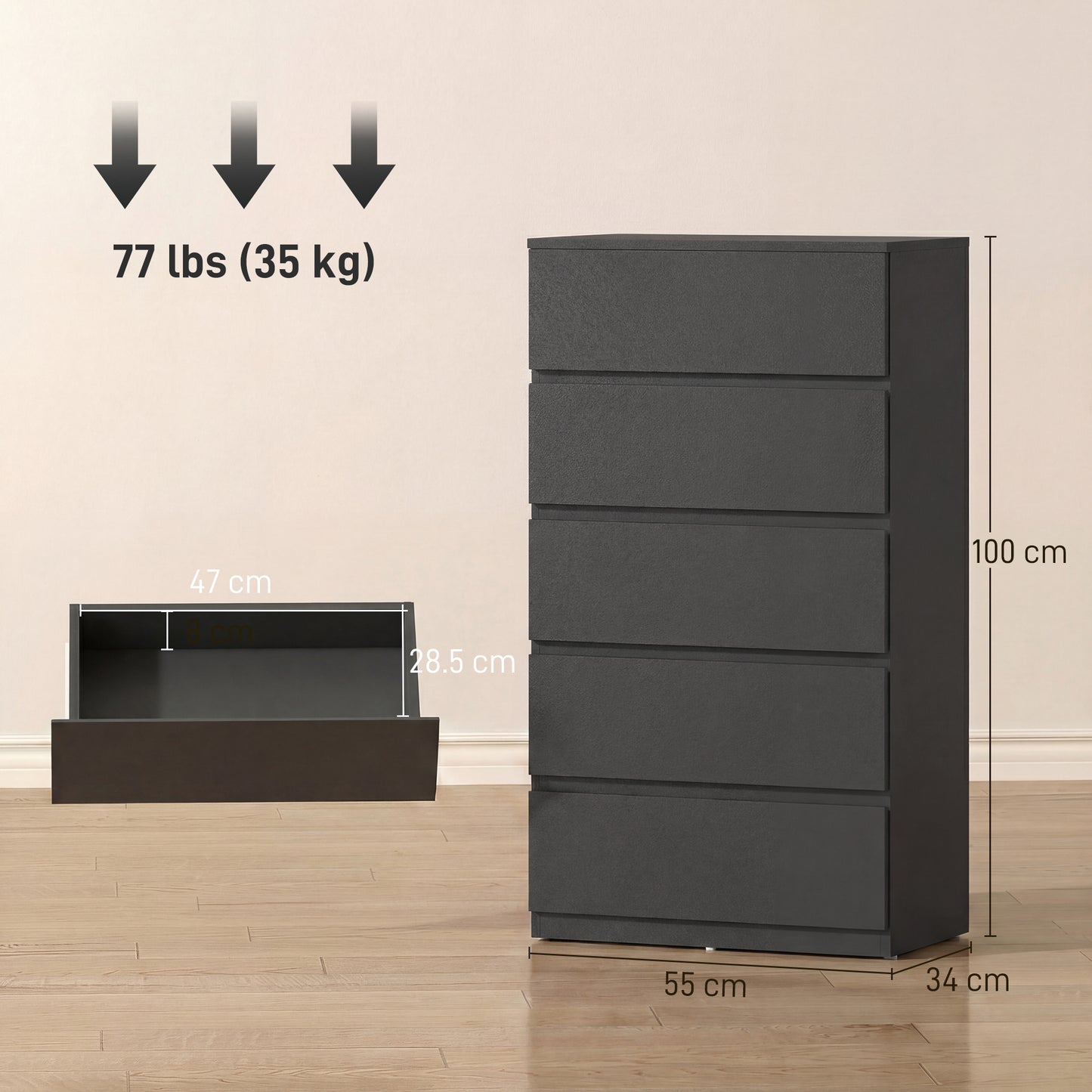 HOMCOM Chest of Drawers, 5-Drawer Storage Cabinets, Modern Dresser, Storage Drawer Unit for Bedroom