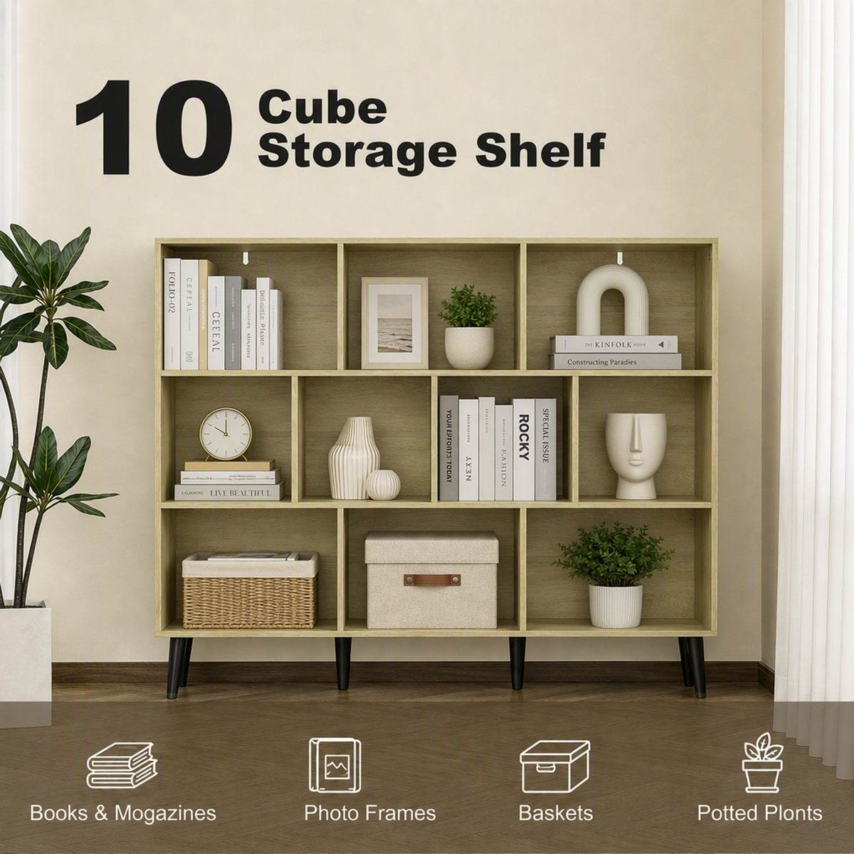 HOMCOM 10-Cube Bookcase, 3-Tier Book Shelf with Solid Wood Legs, 140 cm Modern Bookshelf with Anti-Tip Kit, Oak