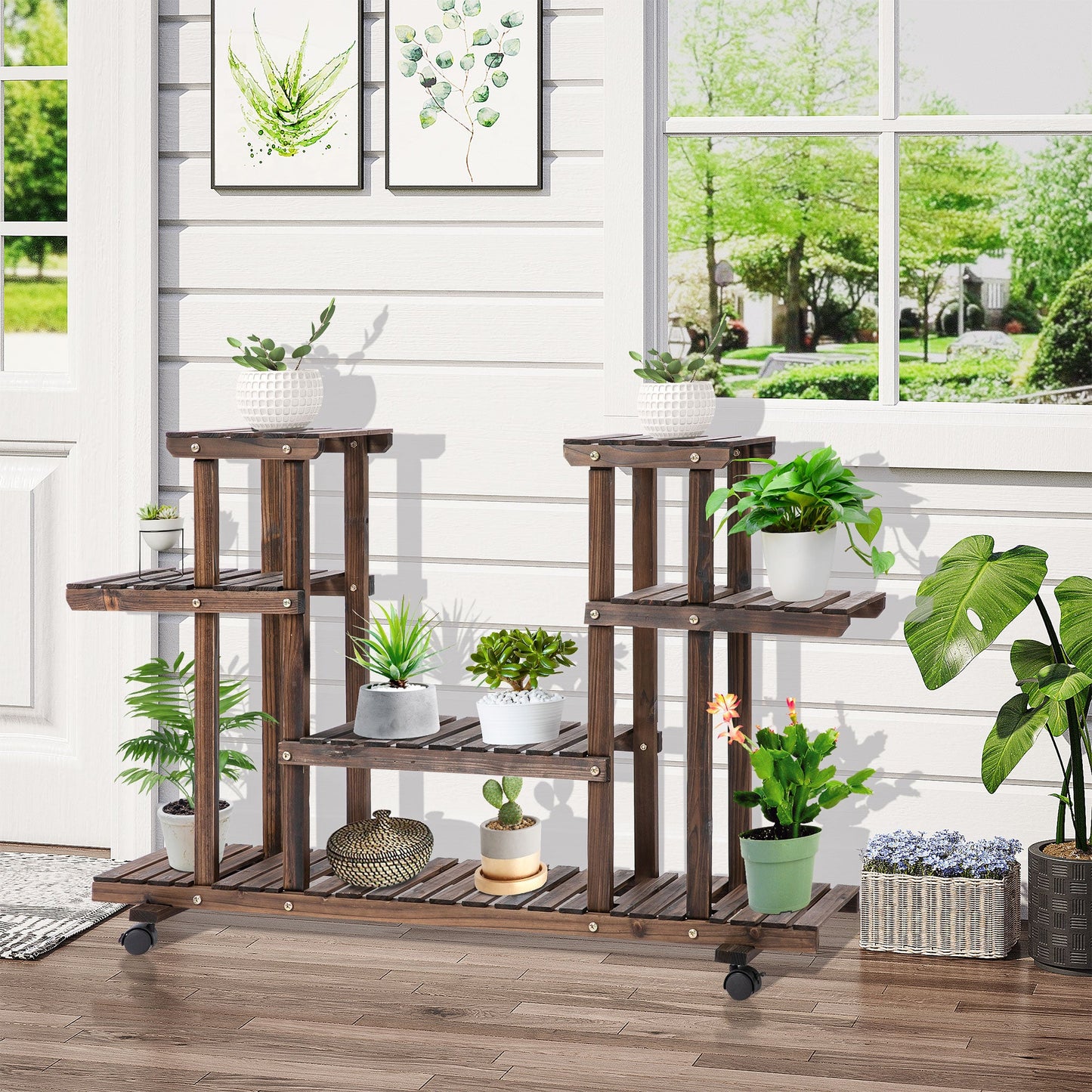 Outsunny 4-Tier Plant Stand with Wheels and Brakes, Floor-standing Wooden Flower Rack, for Indoor & Outdoor Garden Balcony Living Room, 124 x 33 x 80 cm