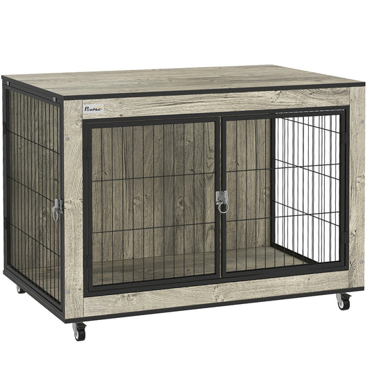 PawHut Dog Crate Furniture with Wheels, Double Doors, for Medium Dogs, Grey