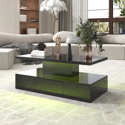 High-Gloss Coffee Table with Drawer, Two Storage Levels and LED Light, 100x50x39 cm, Black