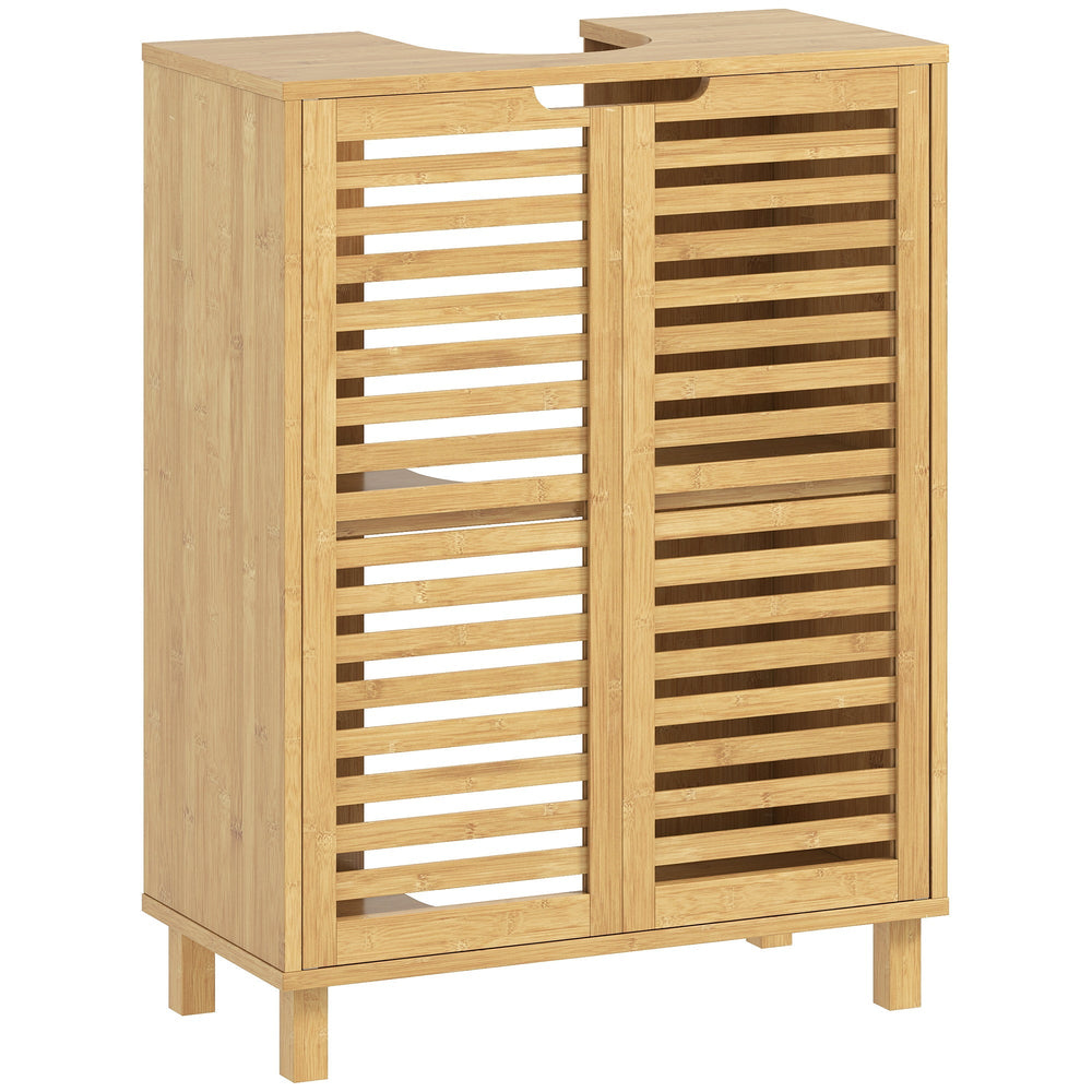 HOMCOM Under Sink Bathroom Cabinet, Freestanding Bamboo Under Sink Cabinet with Louvered Doors and Adjustable Shelf, Natural