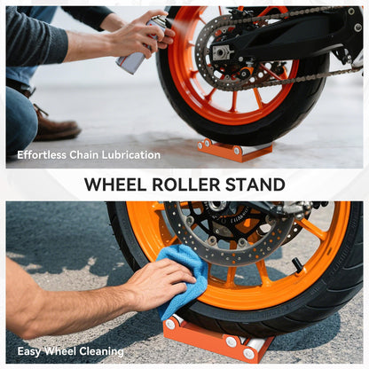 HOMCOM Motorcycle Wheel Cleaning Roller Stand with Steel Frame, Aluminium Rollers, Motorcycle Maintenance Stand for Tyre Cleaning and Chain Lubrication, Fit Tyre Width < 180mm, Bikes < 485lb, Orange