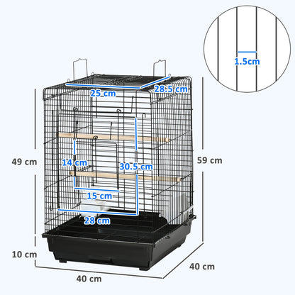 PawHut Steel Bird Cage with Openable Top, Stand, Tray, Handles, Feeding Bowls for Parakeet, Finch - Black