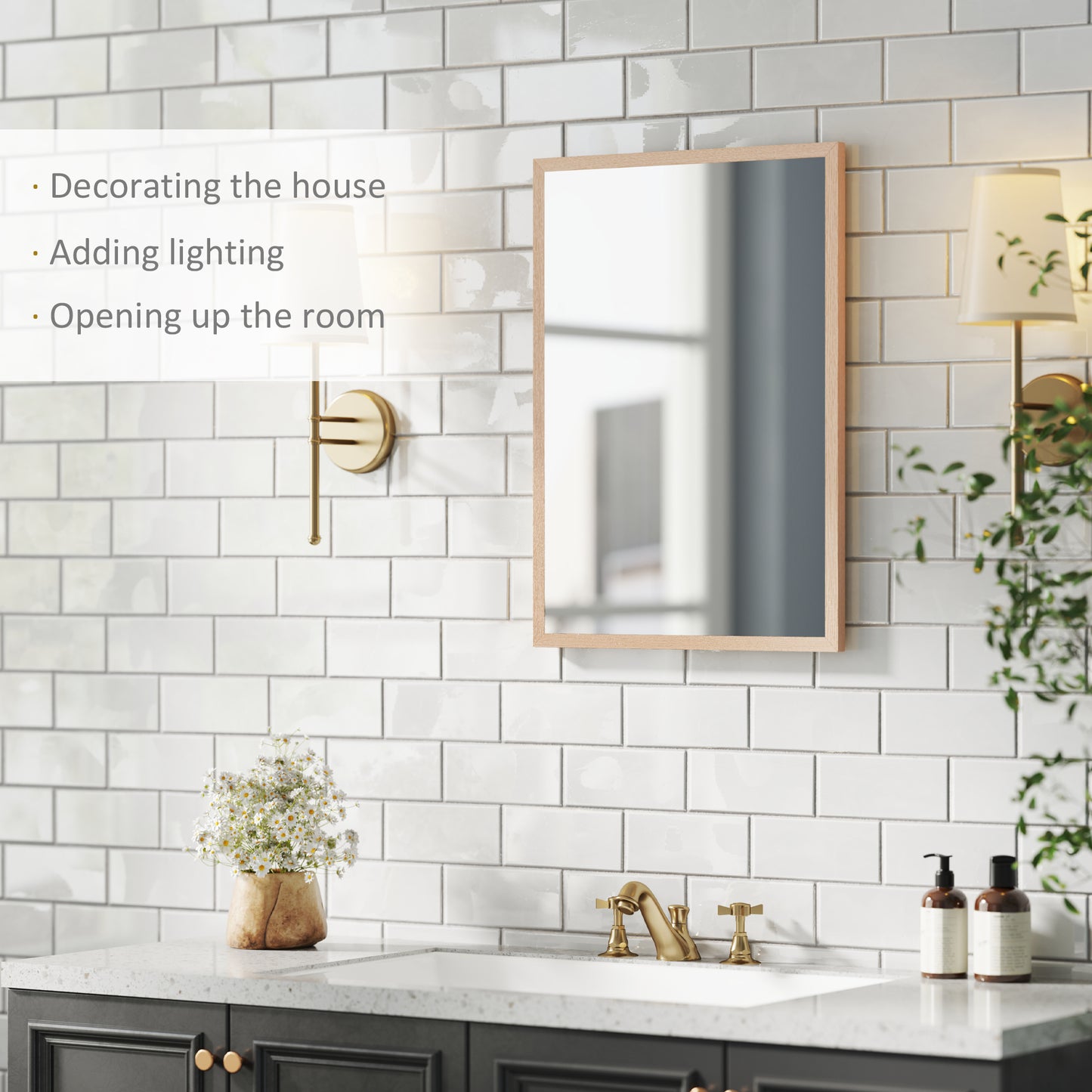 HOMCOM Wall Bathroom Mirror, 70 x 50 cm Wall-Mounted Mirror for Living Room, Bedroom, Hallway, Natural Wood