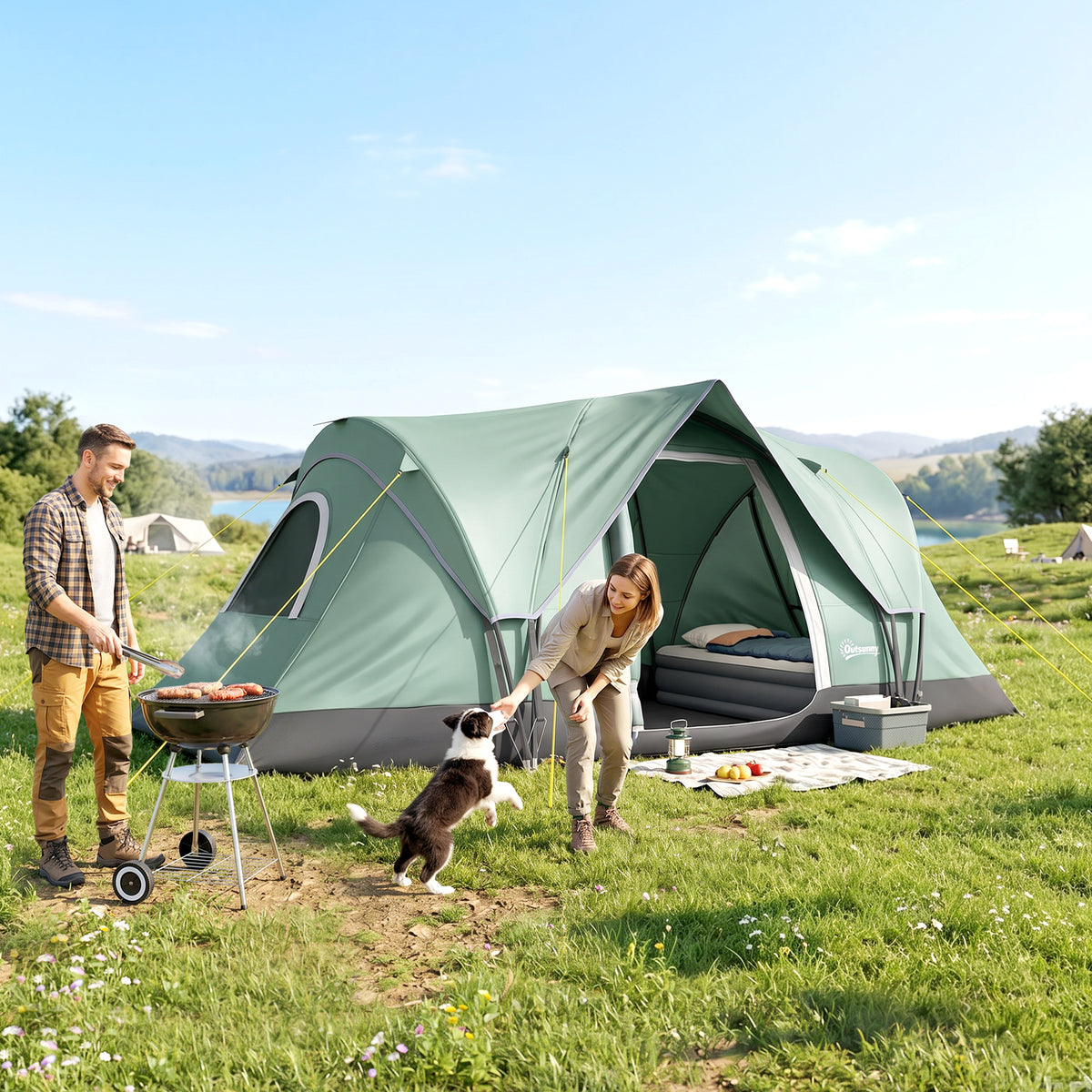Outsunny 5 Man Camping Tent, Large Tunnel Tent, Water Resistant Hiking Shelter with Groundsheet and Carry Bag, Dark Green