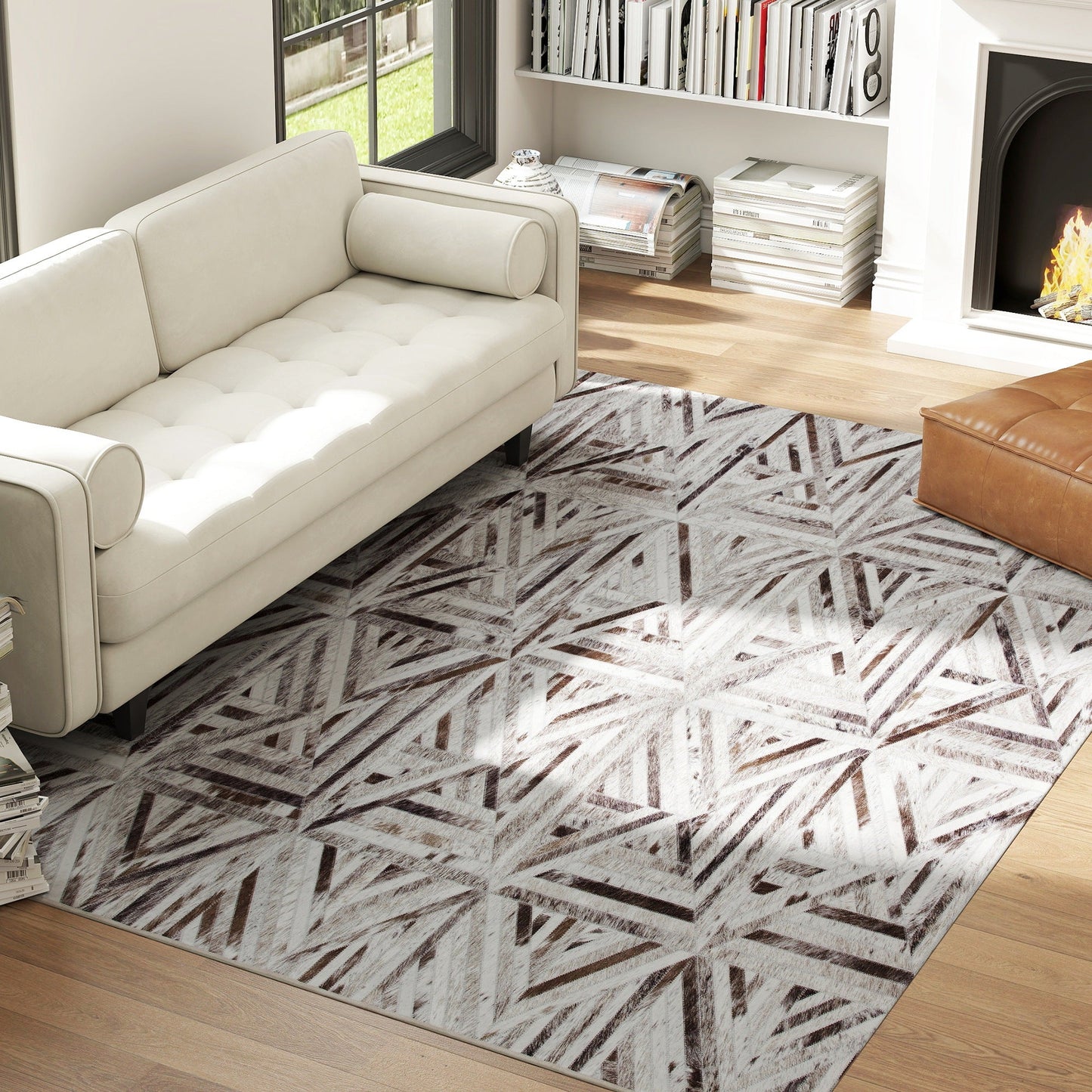HOMCOM Modern Area Rug, Triangle Pattern Non-Slip Washable Rug, Chenille Floor Carpet for Living Room, Bedroom, Dining Room, Home Office, 290 x 200 cm, Brown