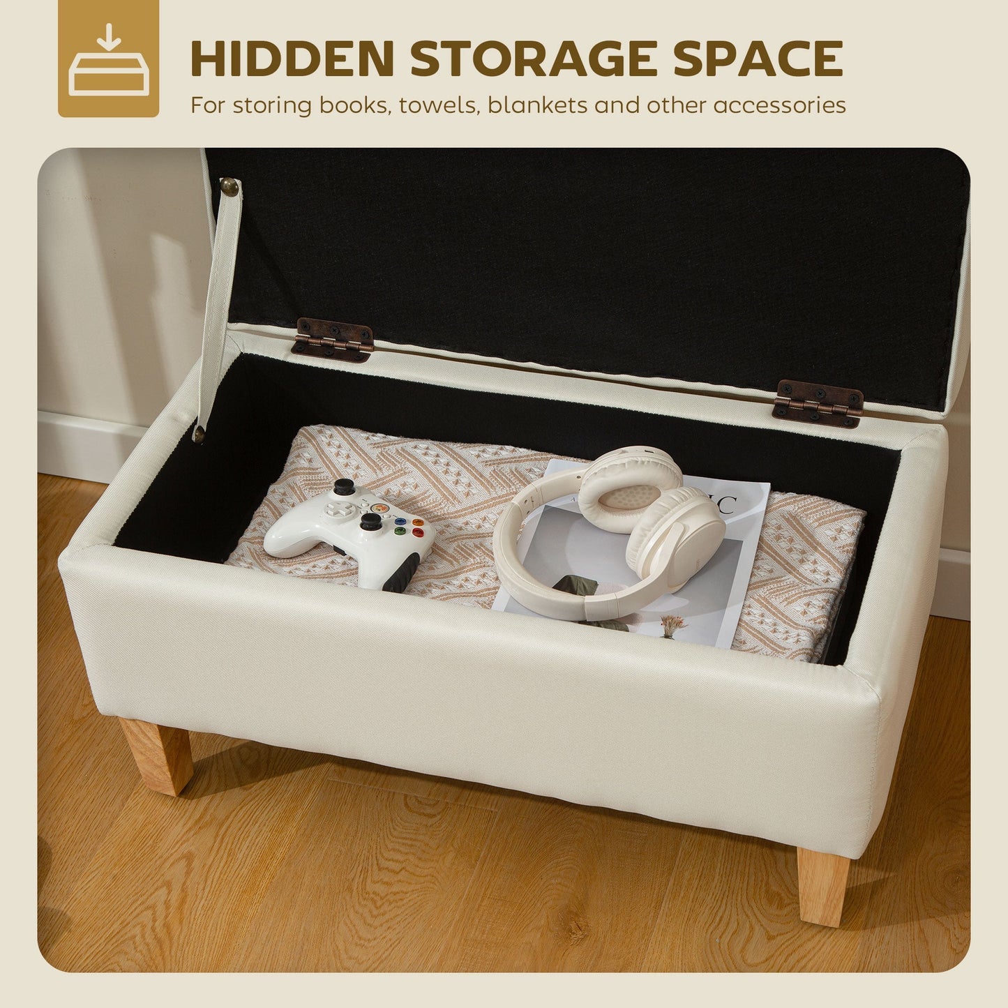 HOMCOM 30L Linen Storage Ottoman Padded Footstool with Rubberwood Legs for Storage Box, Bed End, Shoe Bench, Seating, Beige