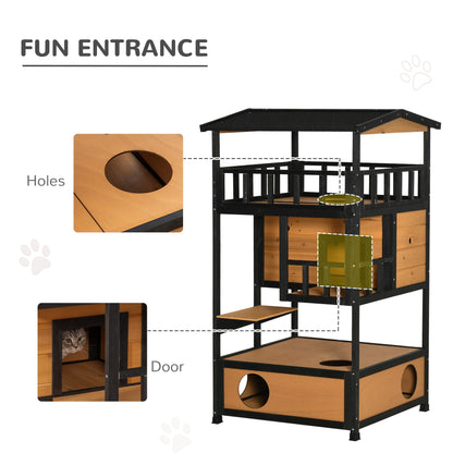 PawHut Wooden Outdoor Cat House, 3-Tier Cat Shelter with Tilted Roof, Terrace, Jump Step, Bottom Tray and Elevated Base, Waterproof Paint, Yellow