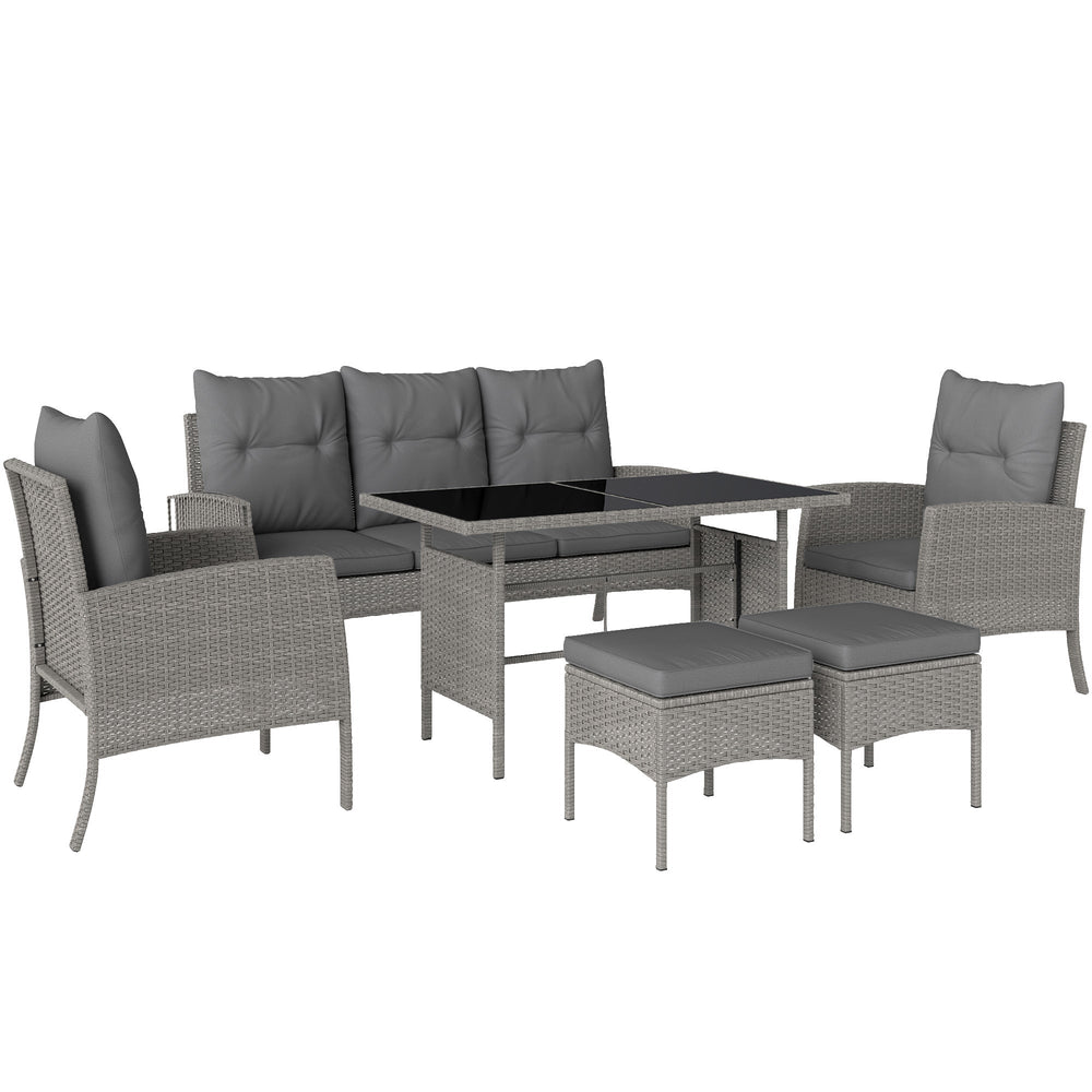 Outsunny 7 Seater Rattan Garden Furniture Set, 6 Piece Patio Dining Set, Armchairs, 3-Seater Sofa, Footstools, Glass Dining Table, Cushions, Wicker Outdoor Furniture for Conservatory Patio, Grey
