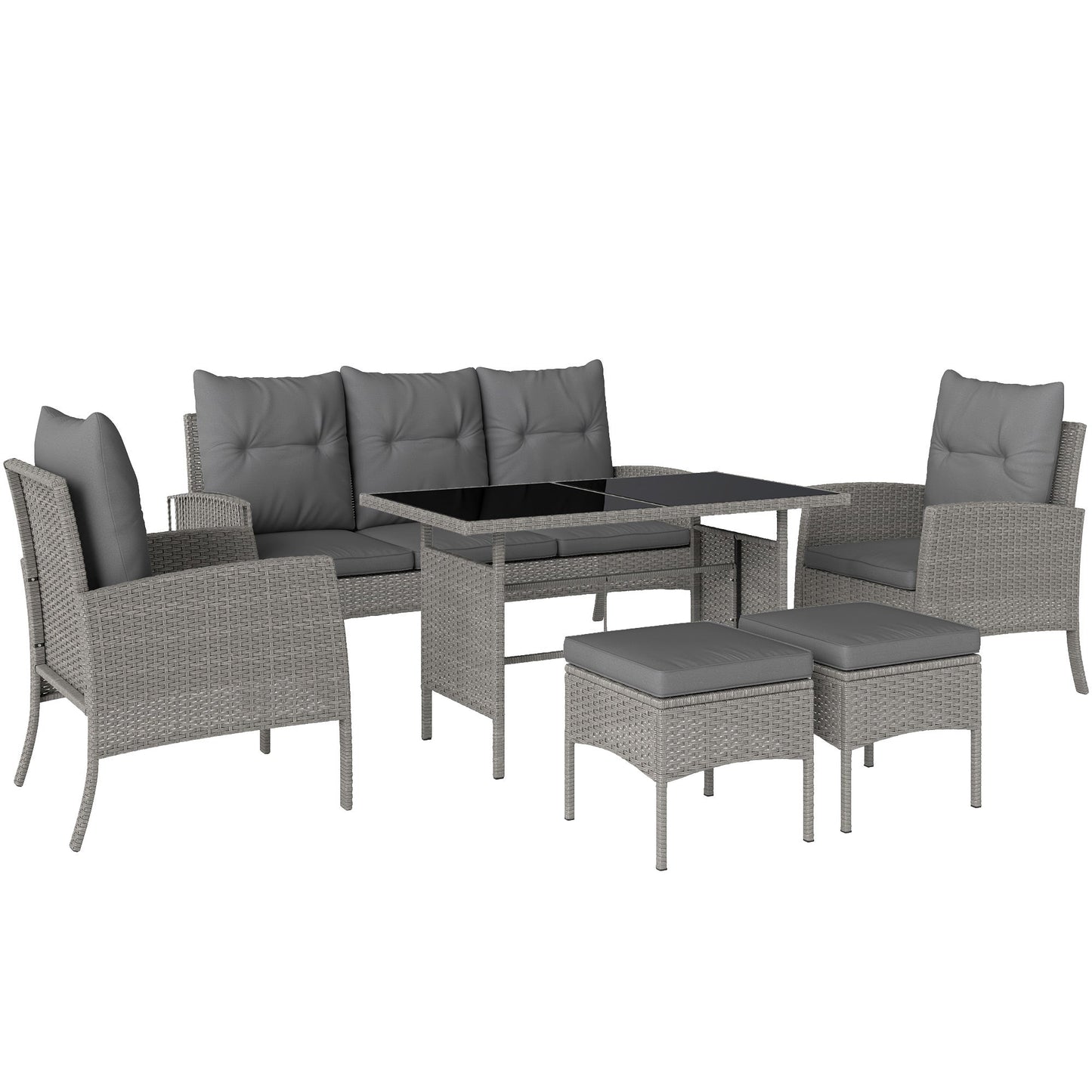 Outsunny 7 Seater Rattan Garden Furniture Set, 6 Piece Patio Dining Set, Armchairs, 3-Seater Sofa, Footstools, Glass Dining Table, Cushions, Wicker Outdoor Furniture for Conservatory Patio, Grey