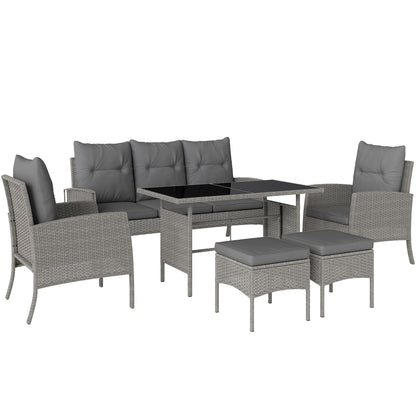 Outsunny 7 Seater Rattan Garden Furniture Set, 6 Piece Patio Dining Set, Armchairs, 3-Seater Sofa, Footstools, Glass Dining Table, Cushions, Wicker Outdoor Furniture for Conservatory Patio, Grey