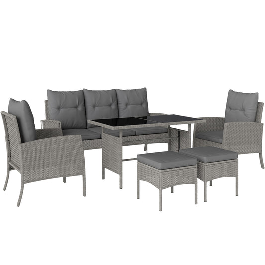 Outsunny 5 Seater Rattan Garden Furniture Set, 6 Piece Garden Sofa Set, Armchairs, 3-Seater Sofa, Footstools, Glass Dining Table, Cushions, Wicker Outdoor Furniture for Conservatory Patio, Grey