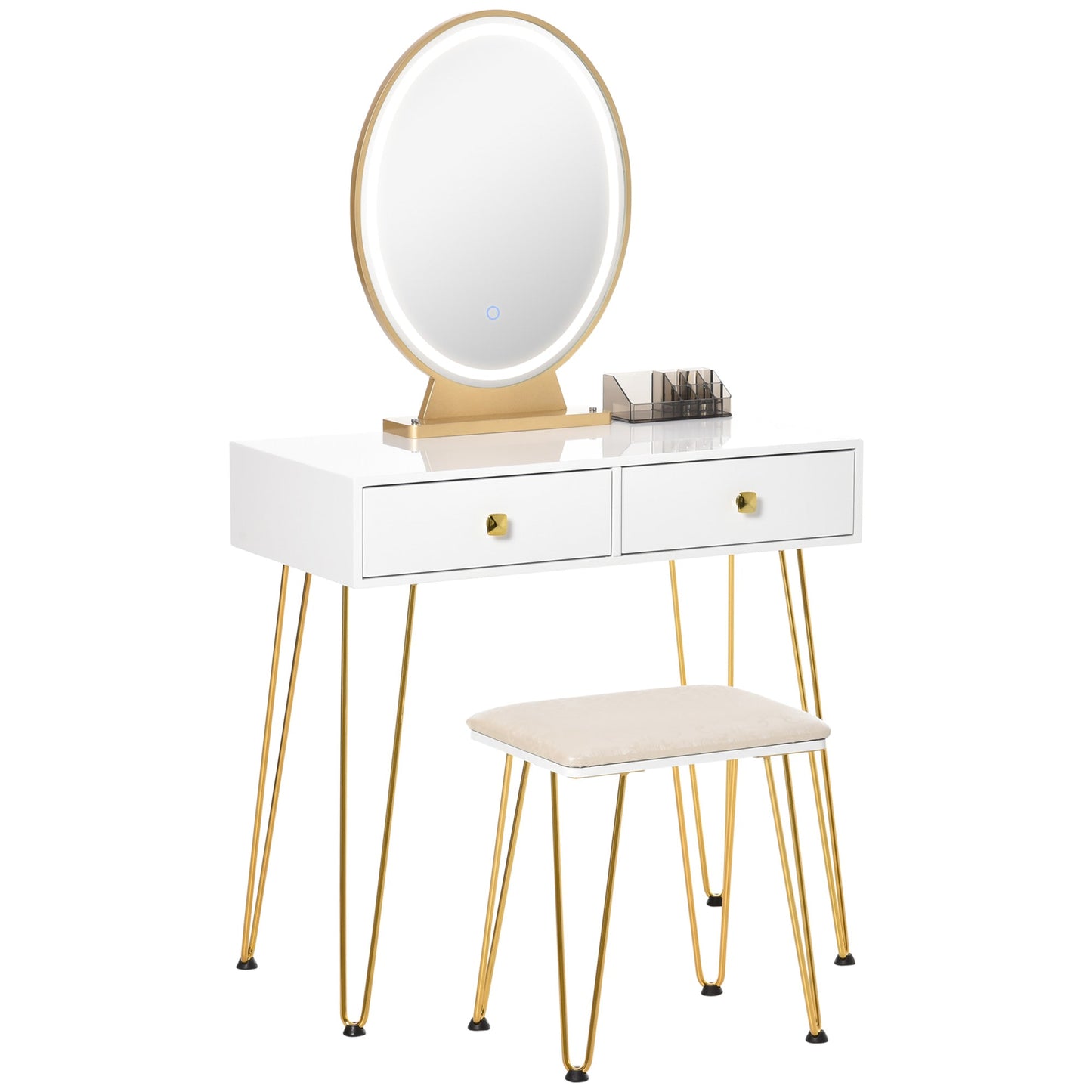 HOMCOM Dressing Table Set with LED Light, Round Mirror, Vanity Makeup Table with 2 Drawers and Cushioned Stool for Bedroom, White