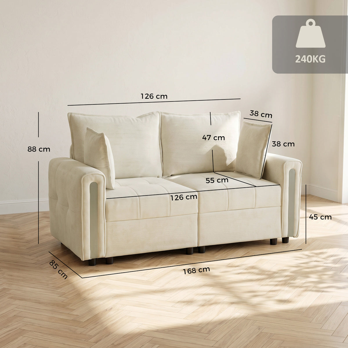 HOMCOM 2 Seater Sofa with Lift-Up Storage, 168 cm Comfy Velvet Small Couch with Wide Deep Seat, Plush Backrest, Thick Padding, 2 Pillows, Loveseat for Living Room, Home Office, Beige
