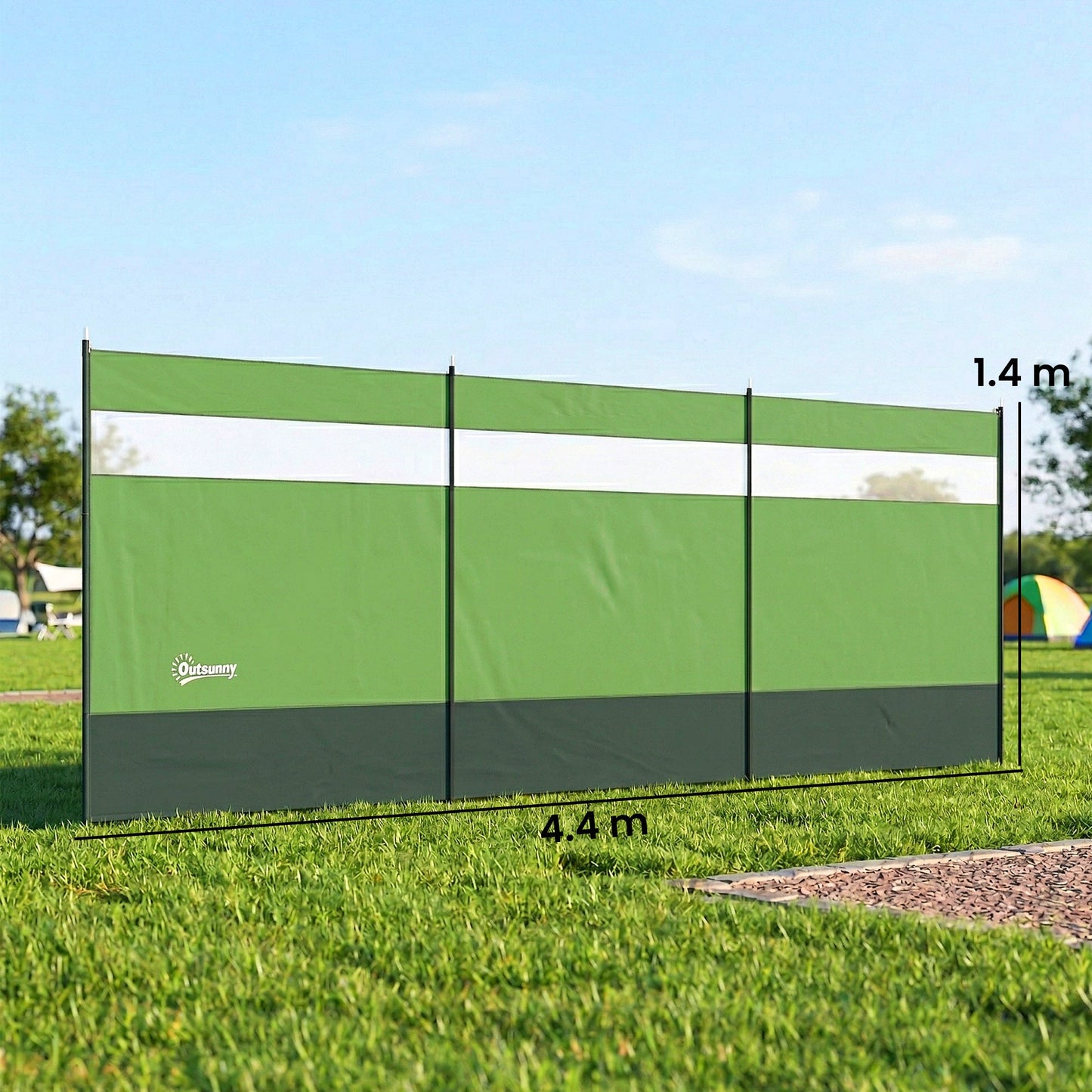 Outsunny Camping Windbreaker with Clear Windows and Steel Poles, for Beach Caravan Campervan, 440 x 140cm, Army Green