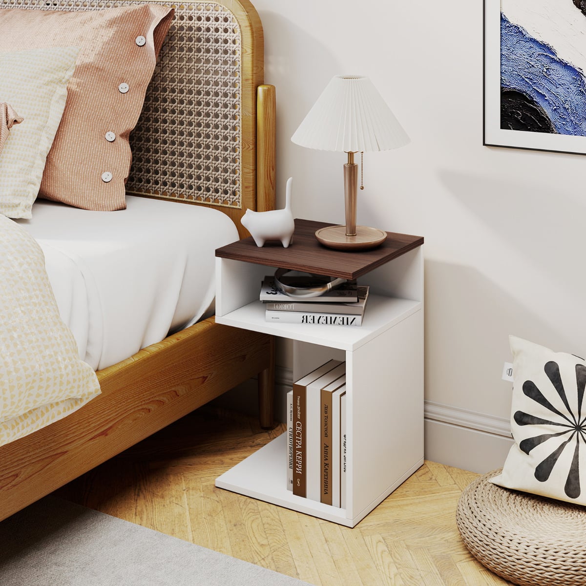 S-Shaped Side Table for Small Space with 2 Open Compartments-Walnut