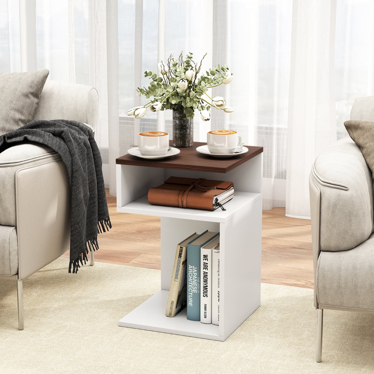 S-Shaped Side Table Set of 2 for Small Space with 2 Open Compartments-Walnut