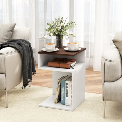 S-Shaped Side Table Set of 2 for Small Space with 2 Open Compartments-Walnut