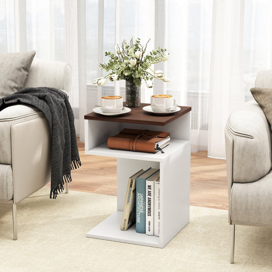 S-Shaped Side Table Set of 2 for Small Space with 2 Open Compartments-Walnut