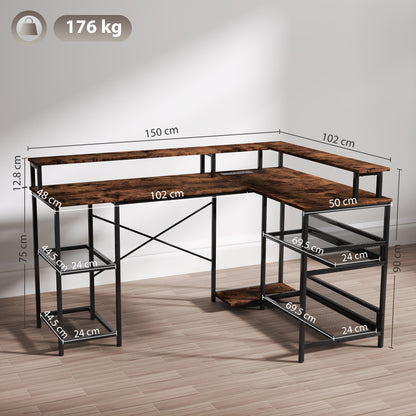 HOMCOM LED Light 'L' Computer Desk, with Shelves - Brown