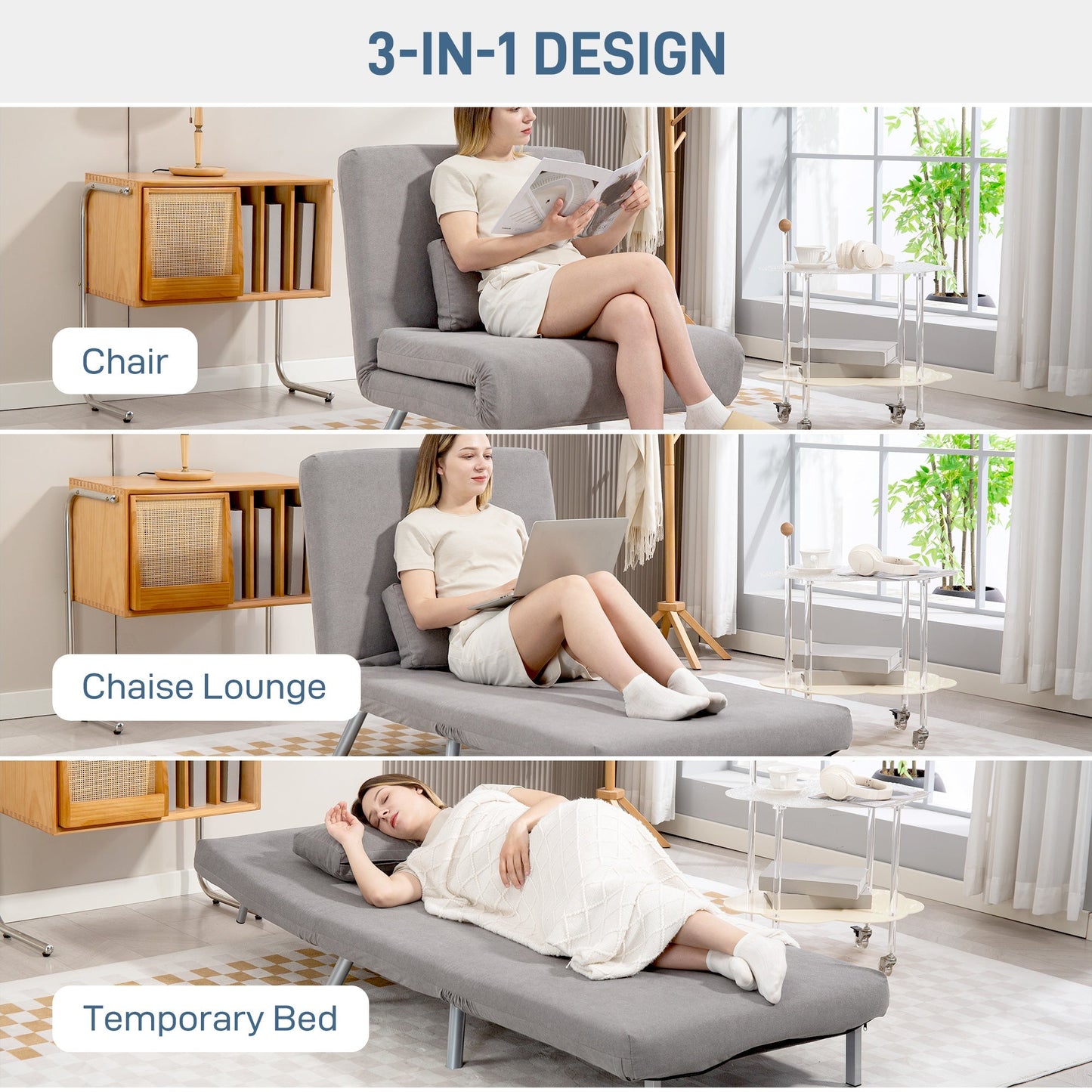 HOMCOM Single Velvet-Feel Chair Bed - Grey