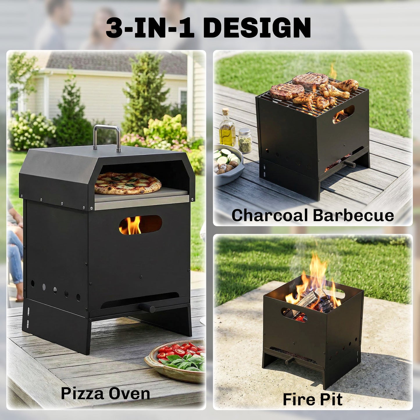 Outsunny 3 in 1 Outdoor Pizza Oven, Portable Wood Fired Pizza Maker with Handles, Stone and Peel