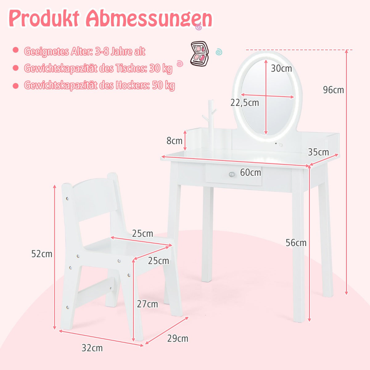 Kids Vanity Set with Lighted Mirror-White