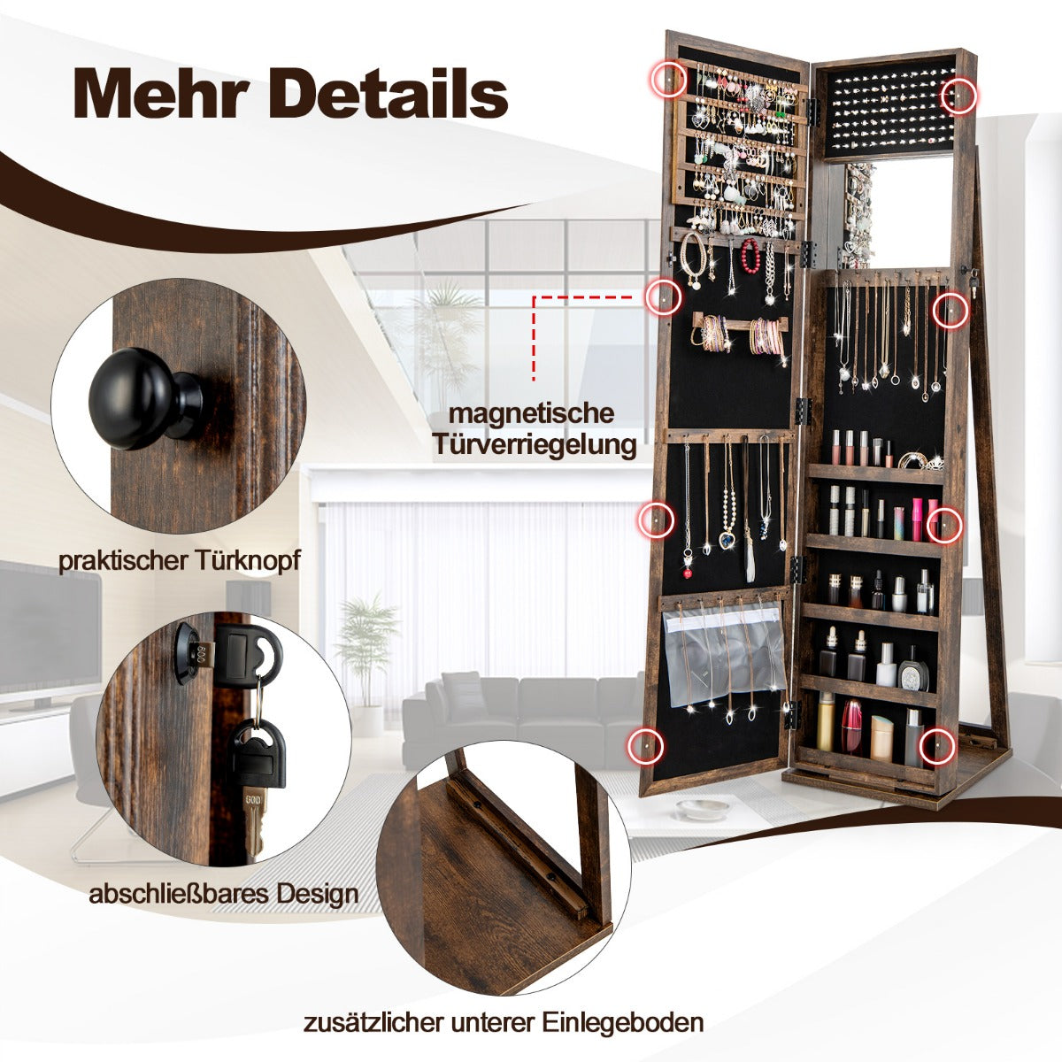 Standing Lockable Jewelry Storage Organizer with Full-Length Mirror-Brown