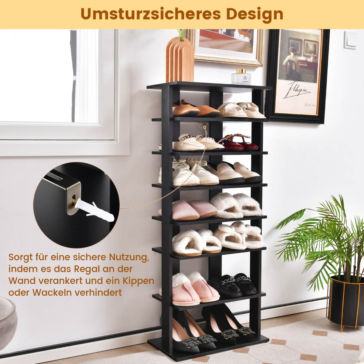 Height adjustable 8 tier wooden shoe rack freestanding corner shelf brown