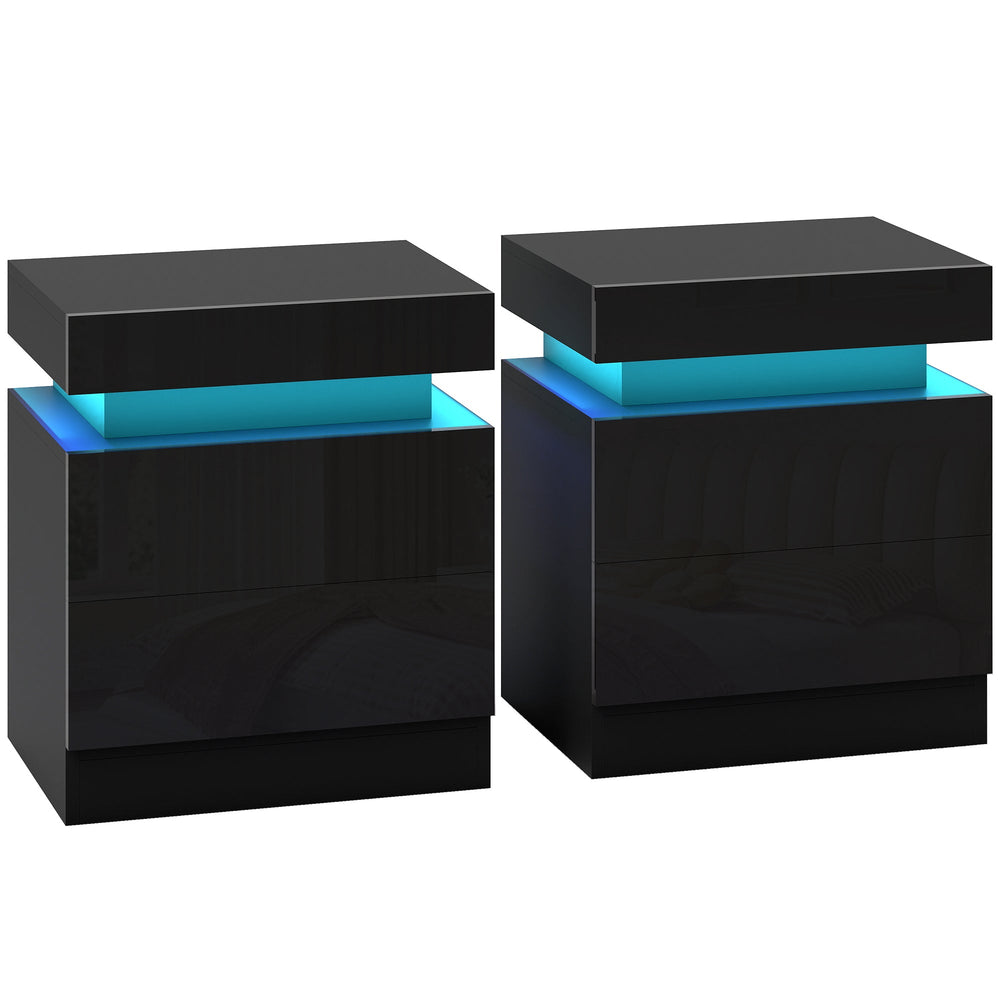 HOMCOM Black Bedside Table with LED Light, High Gloss Front Nightstand with 2 Drawers, for Living Room, Bedroom, Set of 2