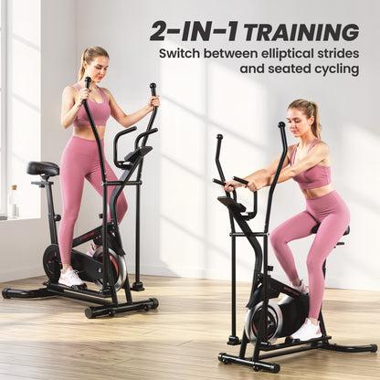 SPORTNOW 2 in 1 Elliptical Cross Trainer for Home with Adjustable Resistance & Seat, Bluetooth App, LCD Monitor, Wheels