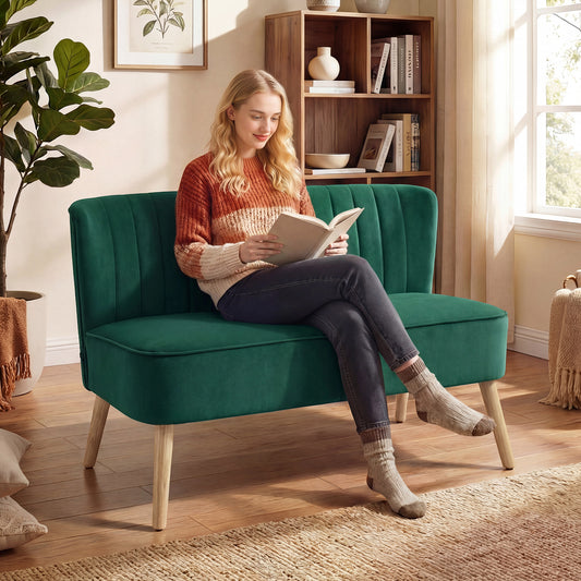 HOMCOM 117cm Loveseat Sofa Upholstered Small 2 Seater Sofa with Thick Padded Seat and Rubber Wood Legs, Dark Green
