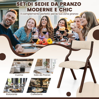 Set of 2 Folding Dining Chairs with Solid Wood Frame and Upholstered in Linen Fabric, Brown Kitchen Chairs