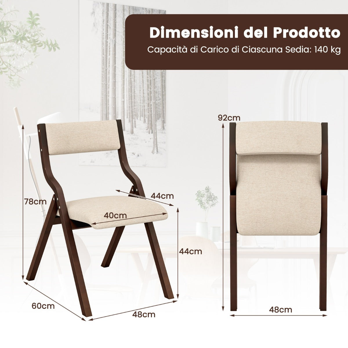Set of 2 Folding Dining Chairs with Solid Wood Frame and Upholstered in Linen Fabric, Brown Kitchen Chairs