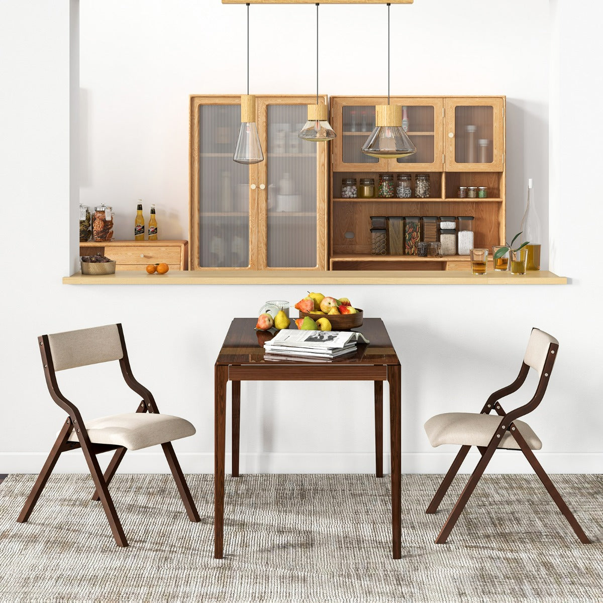 Set of 2 Folding Dining Chairs with Solid Wood Frame and Upholstered in Linen Fabric, Brown Kitchen Chairs