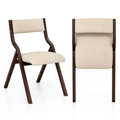 Set of 2 Folding Dining Chairs with Solid Wood Frame and Upholstered in Linen Fabric, Brown Kitchen Chairs