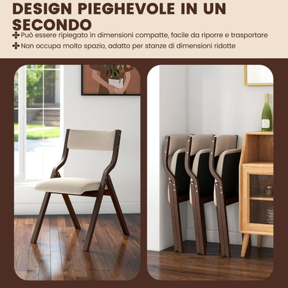Set of 2 Folding Dining Chairs with Solid Wood Frame and Upholstered in Linen Fabric, Brown Kitchen Chairs