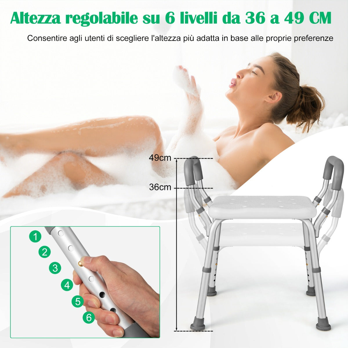 Shower Seat with Detachable Padded Armrests and Non-Slip Rubber Feet, Shower Chair 6 Adjustable Heights Grey