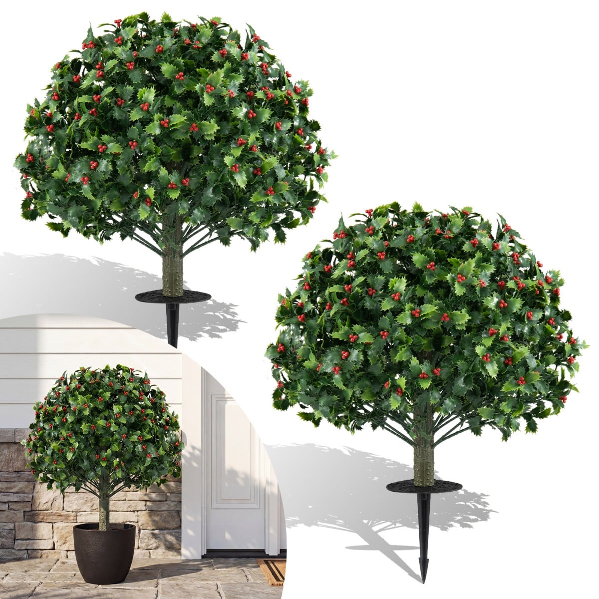 Set of 2 Artificial Holly and Red Berry Topiary Trees for Yard