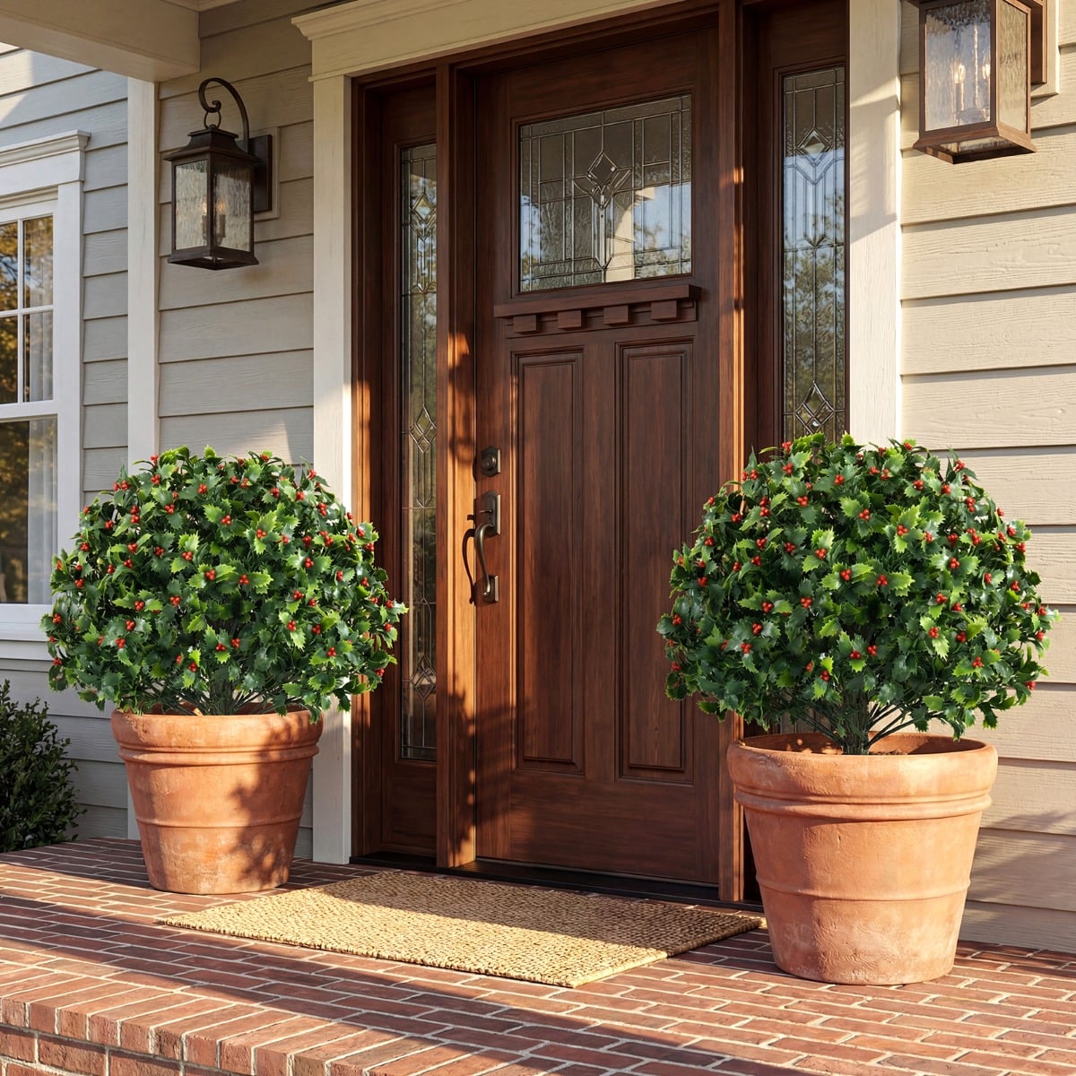 Set of 2 Artificial Holly and Red Berry Topiary Trees for Yard