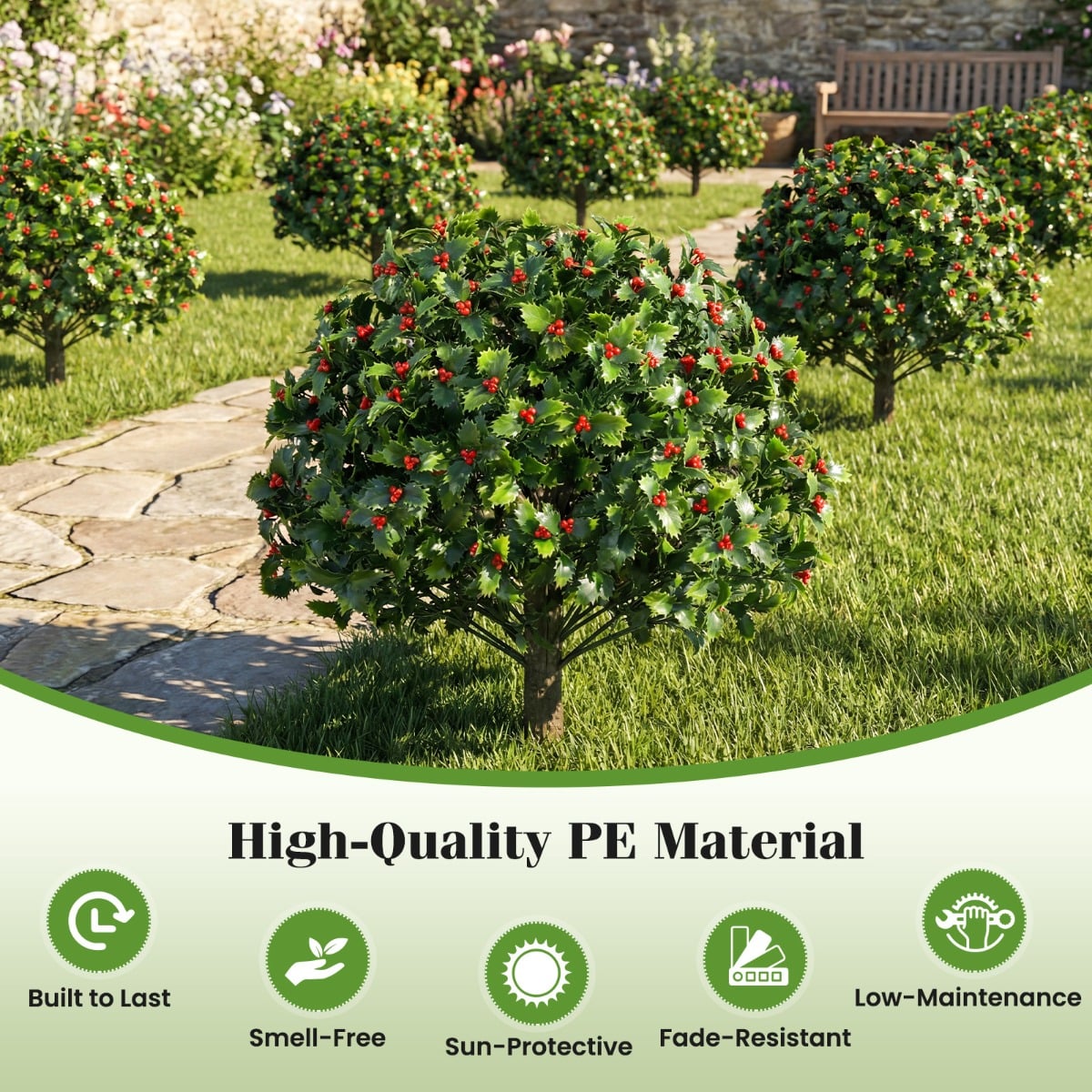 Set of 2 Artificial Holly and Red Berry Topiary Trees for Yard